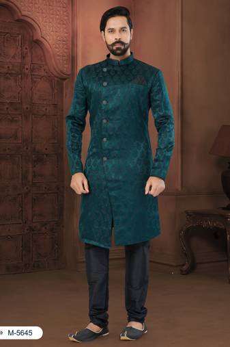 Dark Green Soft Jackard Havy Classic Indowestern With Fancy Button For Mens