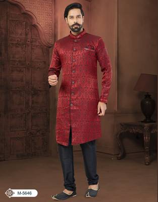 Maroon Soft Jackard Havy Classic Indowestern With Fancy Button For Mens 1