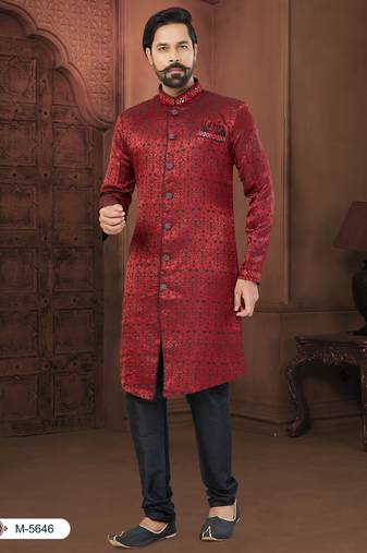 Maroon Soft Jackard Havy Classic Indowestern With Fancy Button For Mens