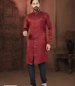 Maroon Soft Jackard Havy Classic Indowestern With Fancy Button For Mens