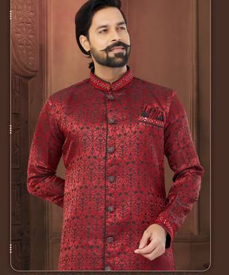 Maroon Soft Jackard Havy Classic Indowestern With Fancy Button For Mens 2