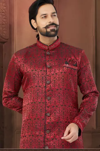 Maroon Soft Jackard Havy Classic Indowestern With Fancy Button For Mens