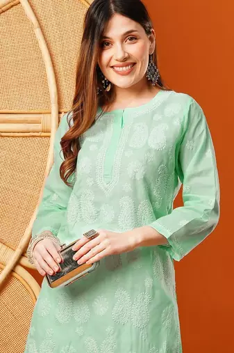 Hand embroidered sea green cotton lucknowi chikankari straight kurta