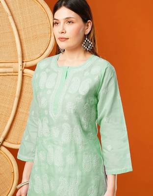 Hand embroidered sea green cotton lucknowi chikankari straight kurta 7