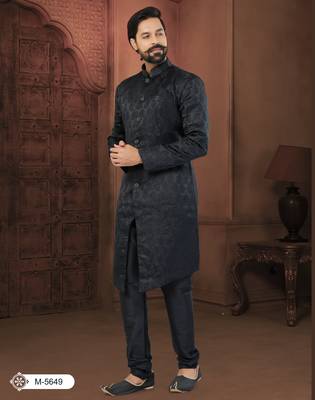 Black Soft Jackard Havy Classic Indowestern With Fancy Button For Mens 1