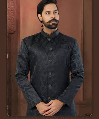 Black Soft Jackard Havy Classic Indowestern With Fancy Button For Mens 2