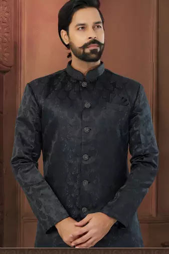 Black Soft Jackard Havy Classic Indowestern With Fancy Button For Mens