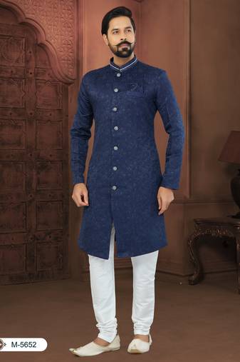 Navy Blue Soft Jackard Havy Classic Indowestern With Fancy Button For Mens