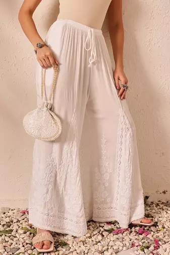 Hand embroidered white modal lucknowi chikankari palazzo
