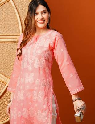 Hand embroidered peach cotton lucknowi chikankari straight kurta 6