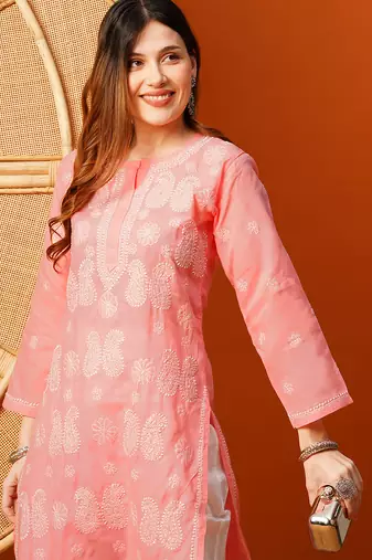 Hand embroidered peach cotton lucknowi chikankari straight kurta