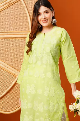 Hand embroidered green cotton lucknowi chikankari straight kurta