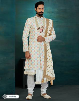 Golden & Mix Colour Chikankari Lucknawi Havy Classic/Wedding Anarkali Style With Kurta For Mens 1