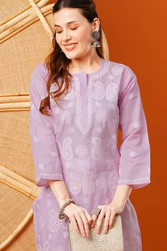 Hand embroidered lavender cotton lucknowi chikankari straight kurta