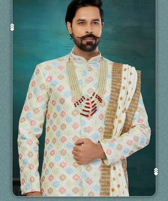Golden & Mix Colour Chikankari Lucknawi Havy Classic/Wedding Anarkali Style With Kurta For Mens 2