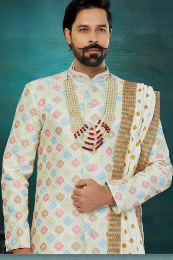 Golden & Mix Colour Chikankari Lucknawi Havy Classic/Wedding Anarkali Style With Kurta For Mens