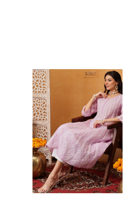 Hand embroidered lilac cotton lucknowi chikankari anarkali a-line kurta 6