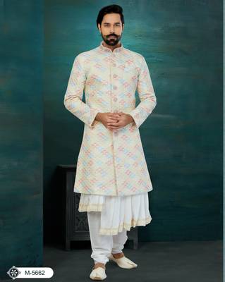 Golden & Mix Colour Chikankari Lucknawi & Art Silk Havy Classic/Wedding Anarkali Style With Kurta For Mens 1