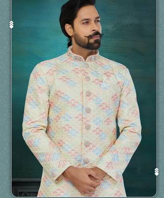 Golden & Mix Colour Chikankari Lucknawi & Art Silk Havy Classic/Wedding Anarkali Style With Kurta For Mens 2
