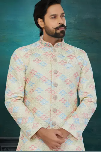 Golden & Mix Colour Chikankari Lucknawi & Art Silk Havy Classic/Wedding Anarkali Style With Kurta For Mens