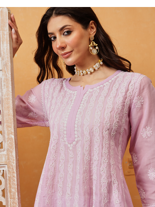 Hand embroidered lilac cotton lucknowi chikankari anarkali a-line kurta 7