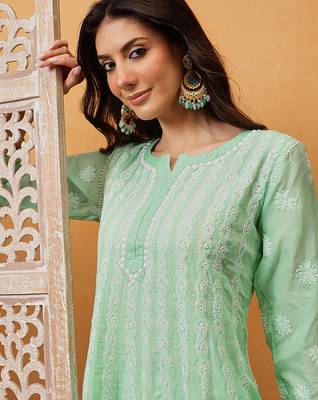 Hand embroidered sea green cotton lucknowi chikankari anarkali a-line kurta 6