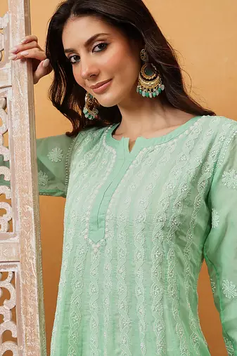 Hand embroidered sea green cotton lucknowi chikankari anarkali a-line kurta