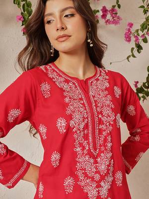 Hand embroidered red cotton lucknowi chikankari straight kurta 6
