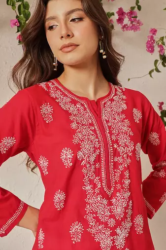 Hand embroidered red cotton lucknowi chikankari straight kurta