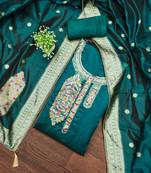 Sea green graceful jacquard embroidered unstitched dress material with banarasi dupatta
