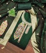 Dark green graceful jacquard embroidered unstitched dress material with banarasi dupatta