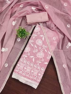 pink chanderi cotton salwar suit material with white thread embroidery 1