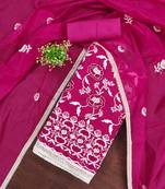 rani pink chanderi cotton salwar suit material with white thread embroidery