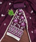 wine chanderi cotton salwar suit material with white thread embroidery