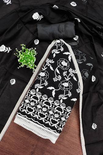 Elegant black chanderi cotton salwar suit material with white thread embroidery