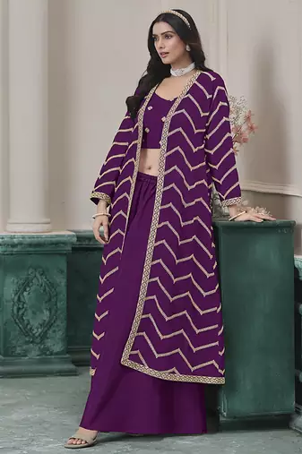Chinon embroidered zari purple readymade salwar kameez