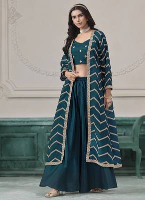 Chinon embroidered zari teal readymade salwar kameez 1