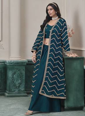 Chinon embroidered zari teal readymade salwar kameez 3