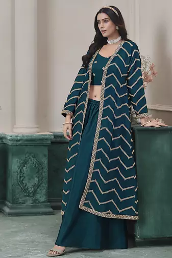 Chinon embroidered zari teal readymade salwar kameez