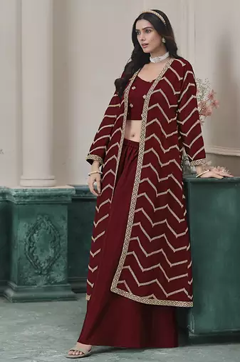 Chinon embroidered zari maroon readymade salwar kameez