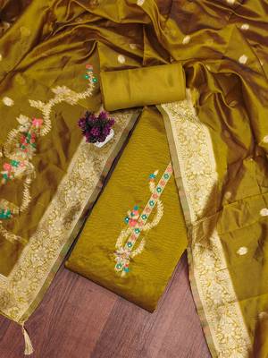mustard jacquard embroidered salwar suit material with rich woven dupatta 1
