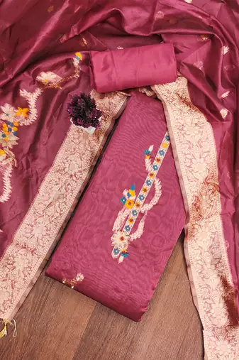Elegant Pink jacquard embroidered salwar suit material with rich woven dupatta