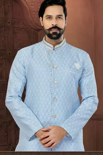 Sky Blue Banarasi Zari Jackard Havy Classic Fancy Button For Mens