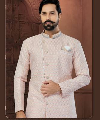Peach Banarasi Zari Jackard Havy Classic Fancy Button For Mens 2