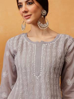 Hand embroidered grey cotton lucknowi chikankari anarkali a-line kurta 6