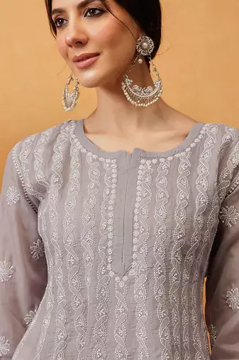Hand embroidered grey cotton lucknowi chikankari anarkali a-line kurta