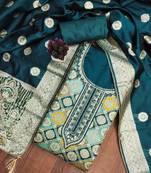 Teal green jacquard embroidered salwar suit material with woven dupatta