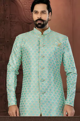 Sky Blue Banarasi Zari Jackard Havy Classic Fancy Button For Mens