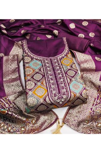 Maroon jacquard embroidered salwar suit material with woven dupatta
