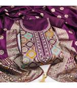 Maroon jacquard embroidered salwar suit material with woven dupatta